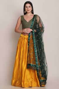 Shartin Silk Platted Style Yellow Lehenga with Taffeta Silk Green Choli and Net Designer Dupatta