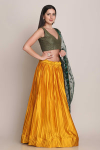 Shartin Silk Platted Style Yellow Lehenga with Taffeta Silk Green Choli and Net Designer Dupatta