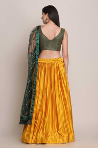 Shartin Silk Platted Style Yellow Lehenga with Taffeta Silk Green Choli and Net Designer Dupatta