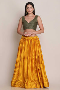 Shartin Silk Platted Style Yellow Lehenga with Taffeta Silk Green Choli and Net Designer Dupatta