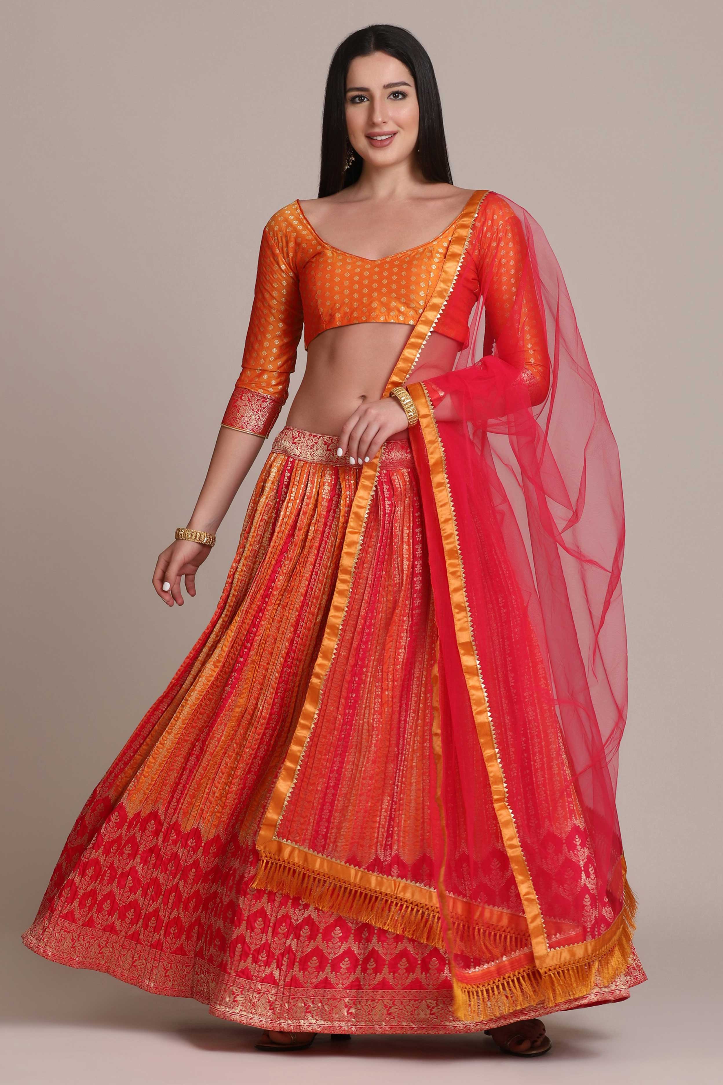 Red-Orange Shartin Silk Platted Laddi Motif Lehenga with Jacquard Bundi Butta Choli with Net Fringe Dupatta