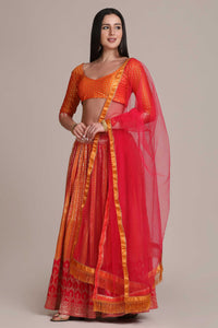 Red-Orange Shartin Silk Platted Laddi Motif Lehenga with Jacquard Bundi Butta Choli with Net Fringe Dupatta