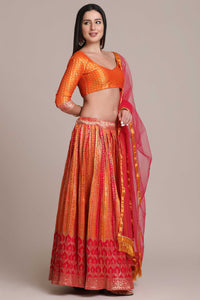 Red-Orange Shartin Silk Platted Laddi Motif Lehenga with Jacquard Bundi Butta Choli with Net Fringe Dupatta