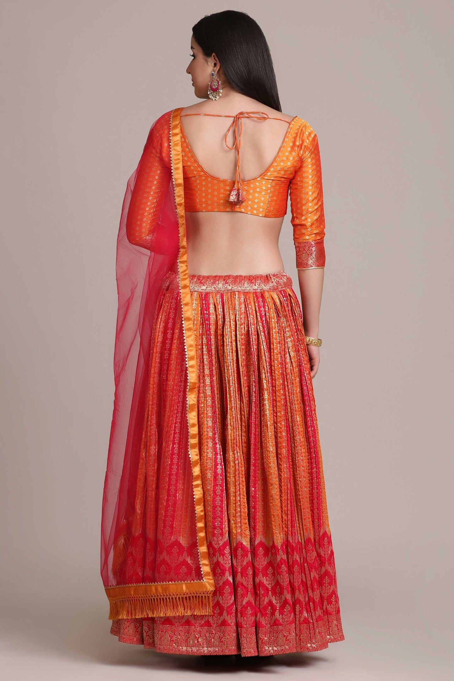 Red-Orange Shartin Silk Platted Laddi Motif Lehenga with Jacquard Bundi Butta Choli with Net Fringe Dupatta