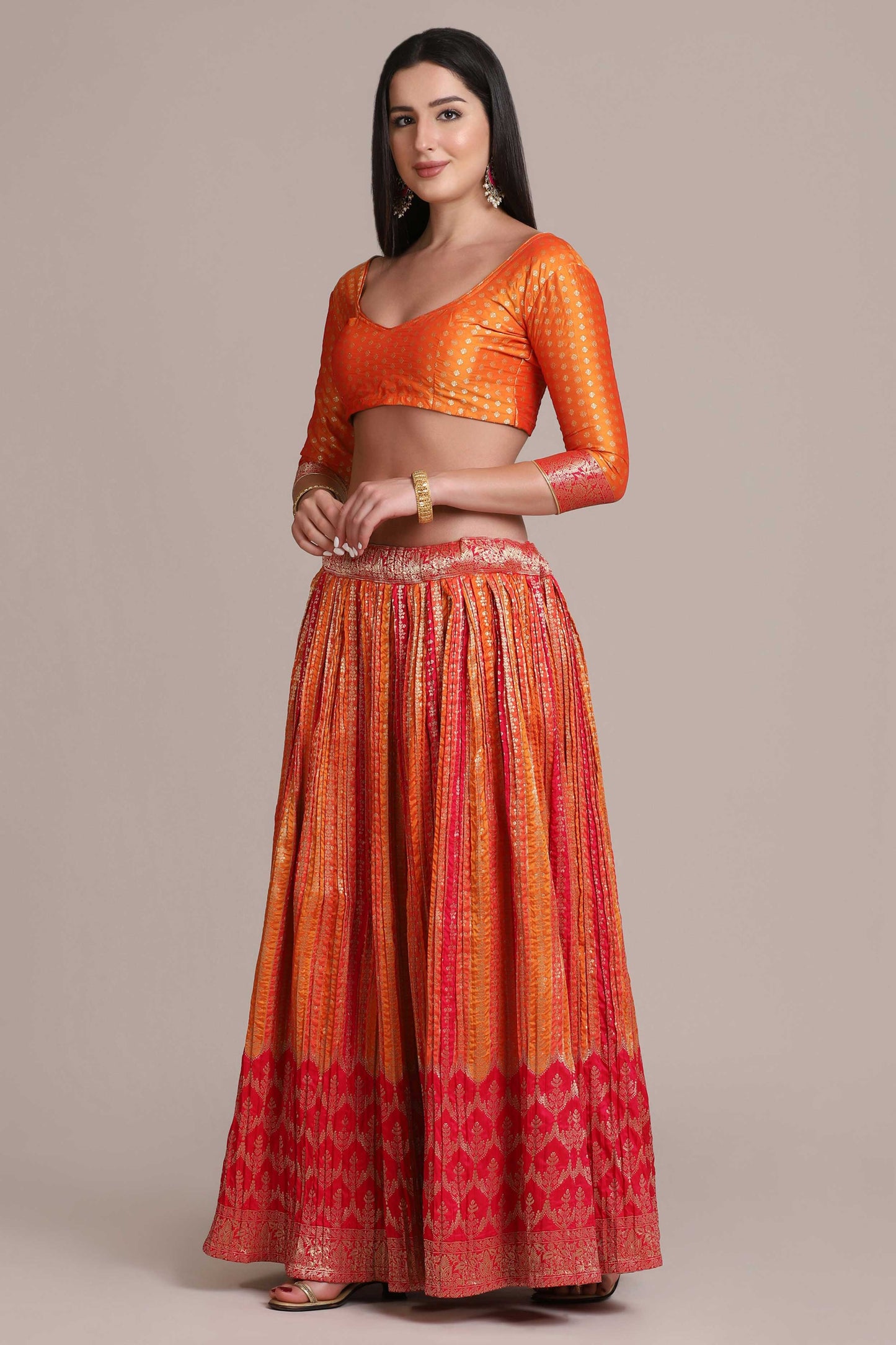 Red-Orange Shartin Silk Platted Laddi Motif Lehenga with Jacquard Bundi Butta Choli with Net Fringe Dupatta