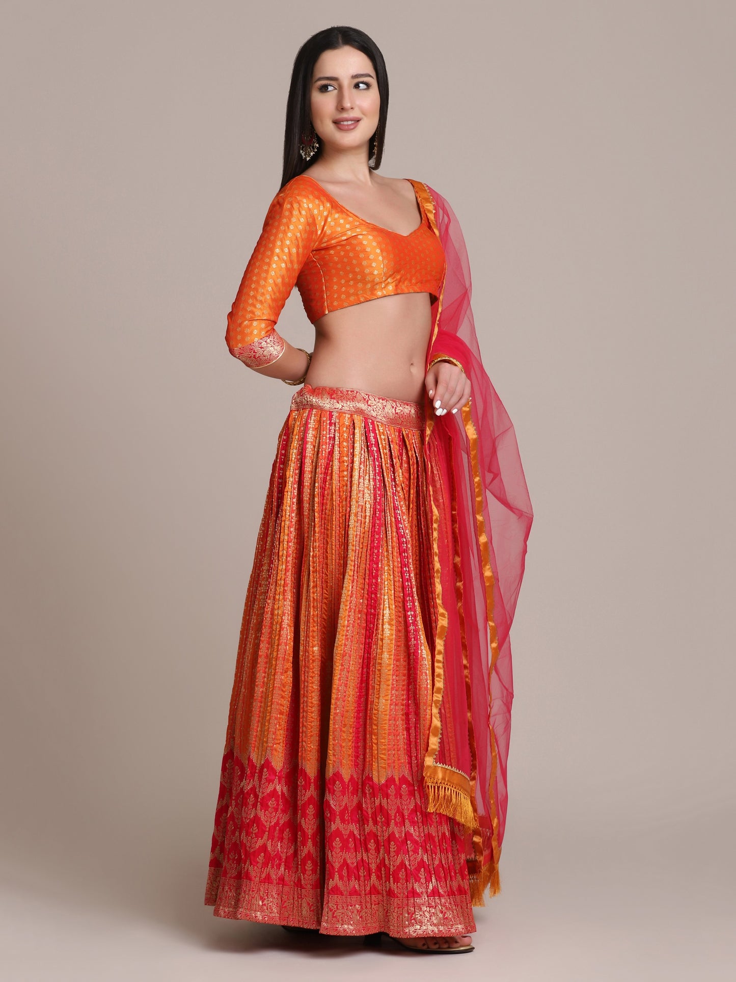 Red-Orange Shartin Silk Platted Laddi Motif Lehenga with Jacquard Bundi Butta Choli with Net Fringe Dupatta