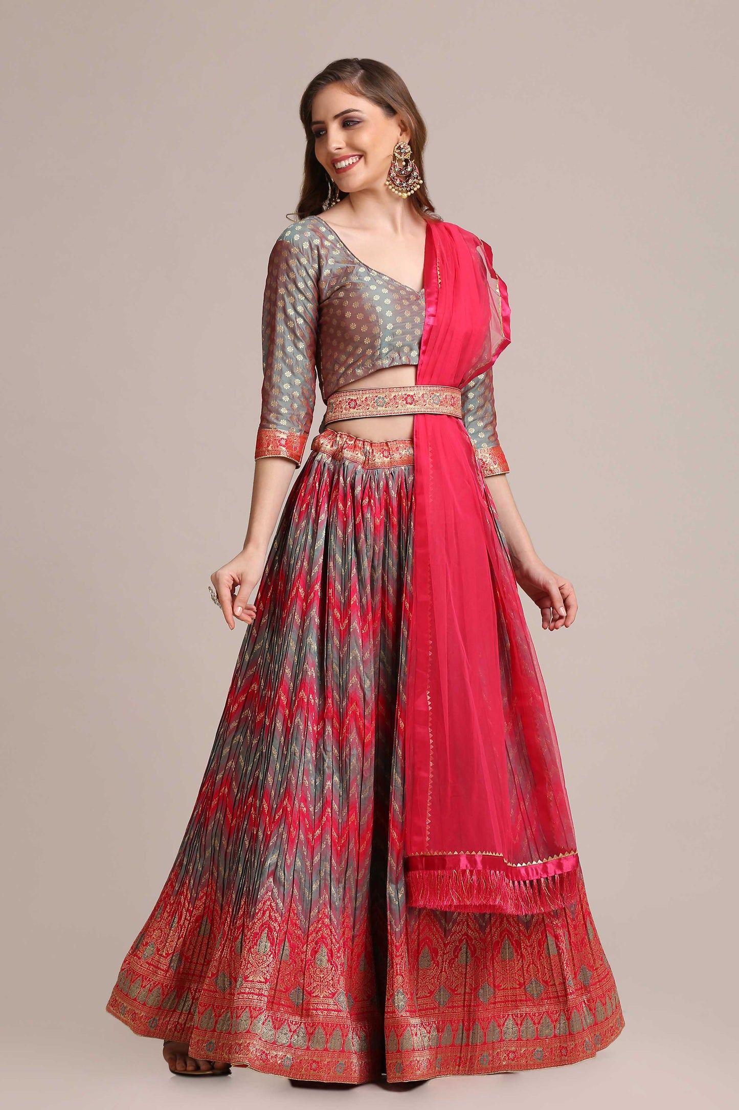 Zari Woven Flared Lehenga Choli Set with Dupatta