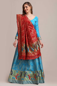 Woven Art Silk Jacquard Lehenga in Sky Blue