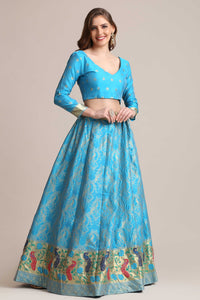 Woven Art Silk Jacquard Lehenga in Sky Blue