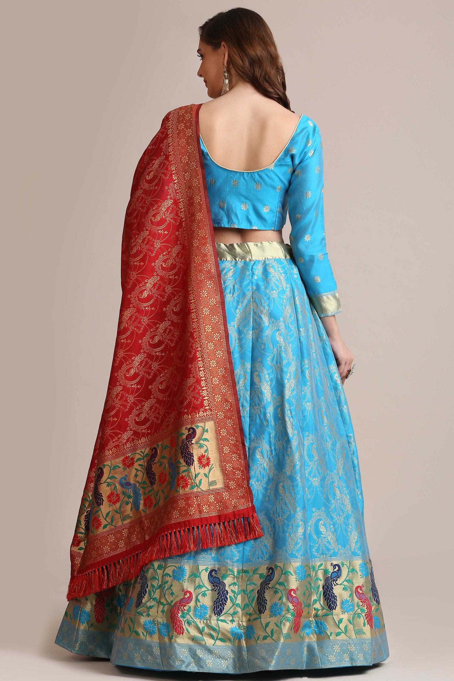 Woven Art Silk Jacquard Lehenga in Sky Blue