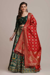 Green & Red Semi-Stitched Lehenga & Unstitched Blouse With Dupatta