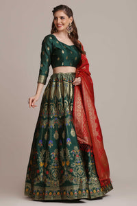 Green & Red Semi-Stitched Lehenga & Unstitched Blouse With Dupatta