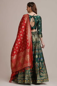 Green & Red Semi-Stitched Lehenga & Unstitched Blouse With Dupatta