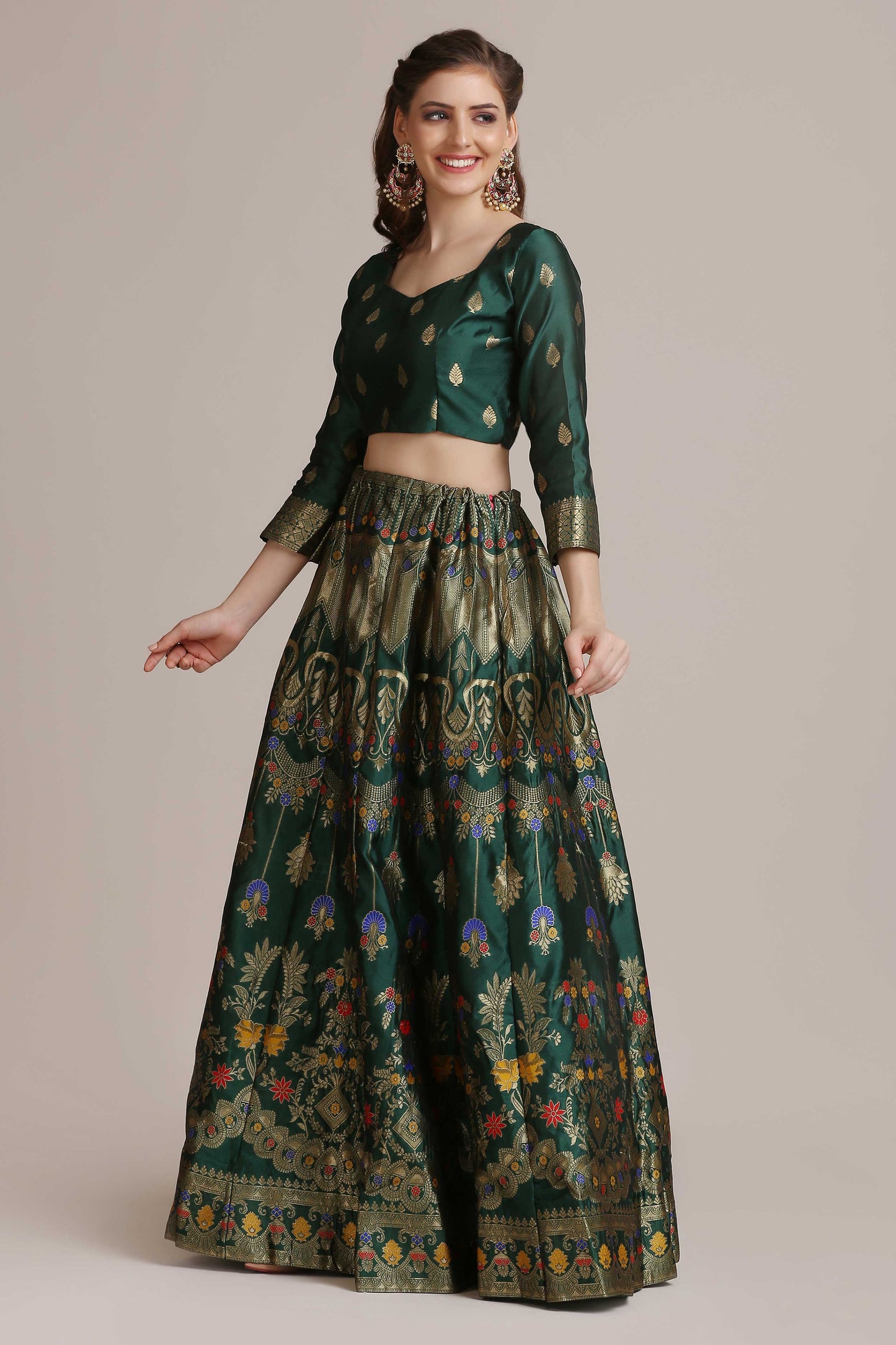 Green & Red Semi-Stitched Lehenga & Unstitched Blouse With Dupatta