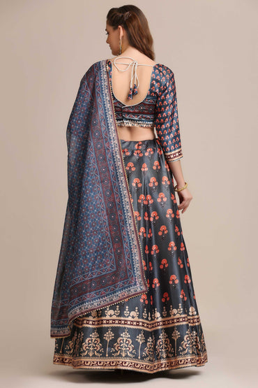 Charcoal Grey Silk Printed Lehenga