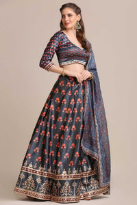 Charcoal Grey Silk Printed Lehenga