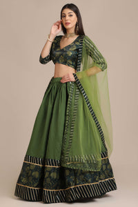 Pine-Green Floral Print Taffeta Silk Lehenga with Banglory Silk Choli with Net Dupatta