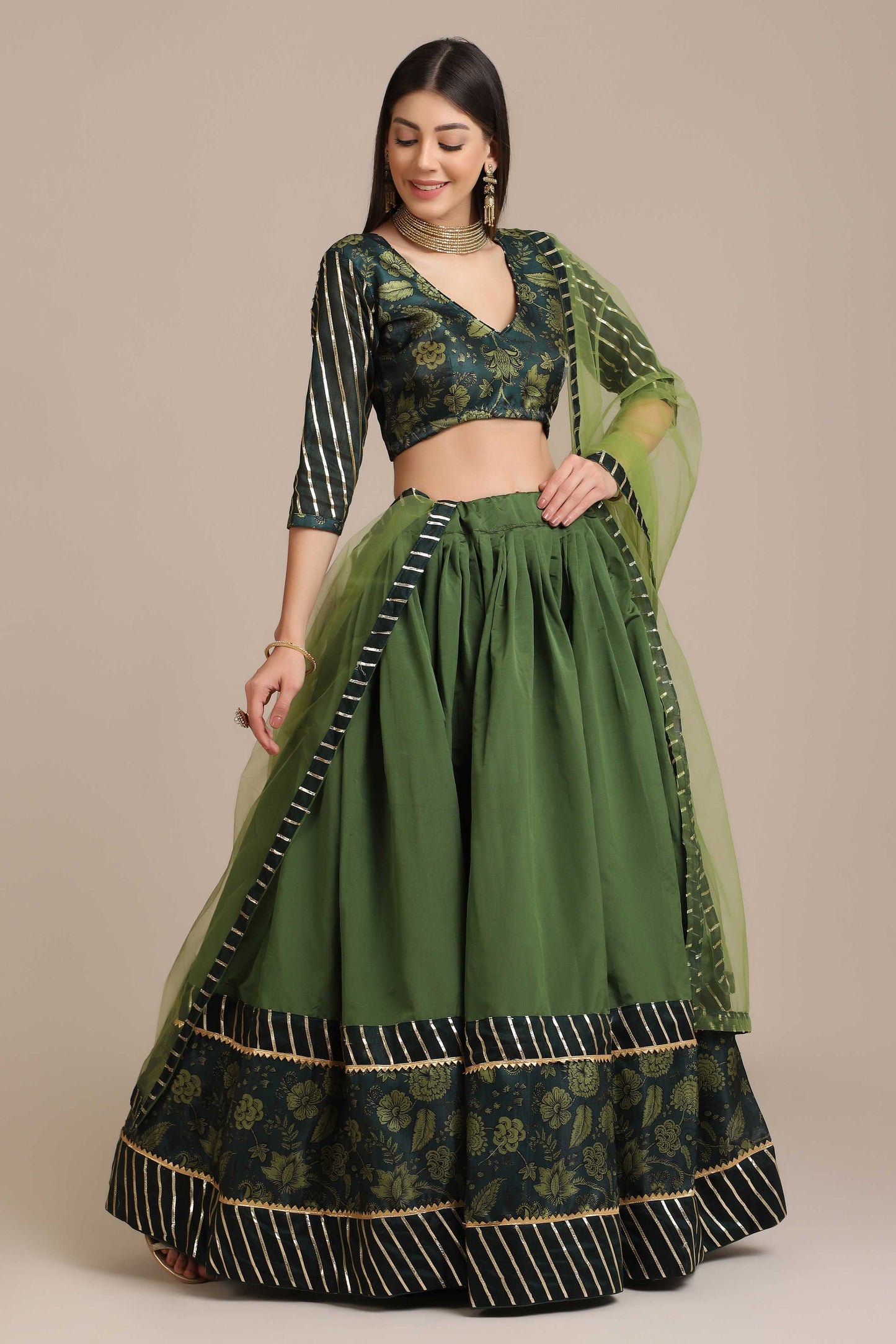 Pine-Green Floral Print Taffeta Silk Lehenga with Banglory Silk Choli with Net Dupatta