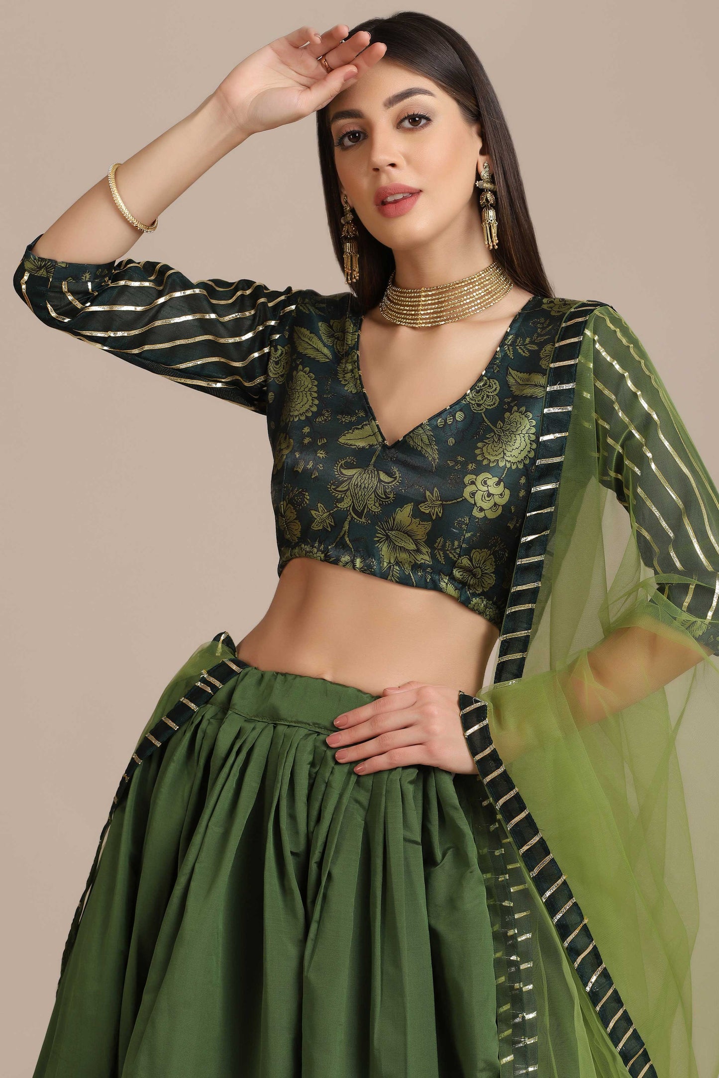 Pine-Green Floral Print Taffeta Silk Lehenga with Banglory Silk Choli with Net Dupatta