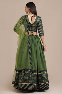 Pine-Green Floral Print Taffeta Silk Lehenga with Banglory Silk Choli with Net Dupatta