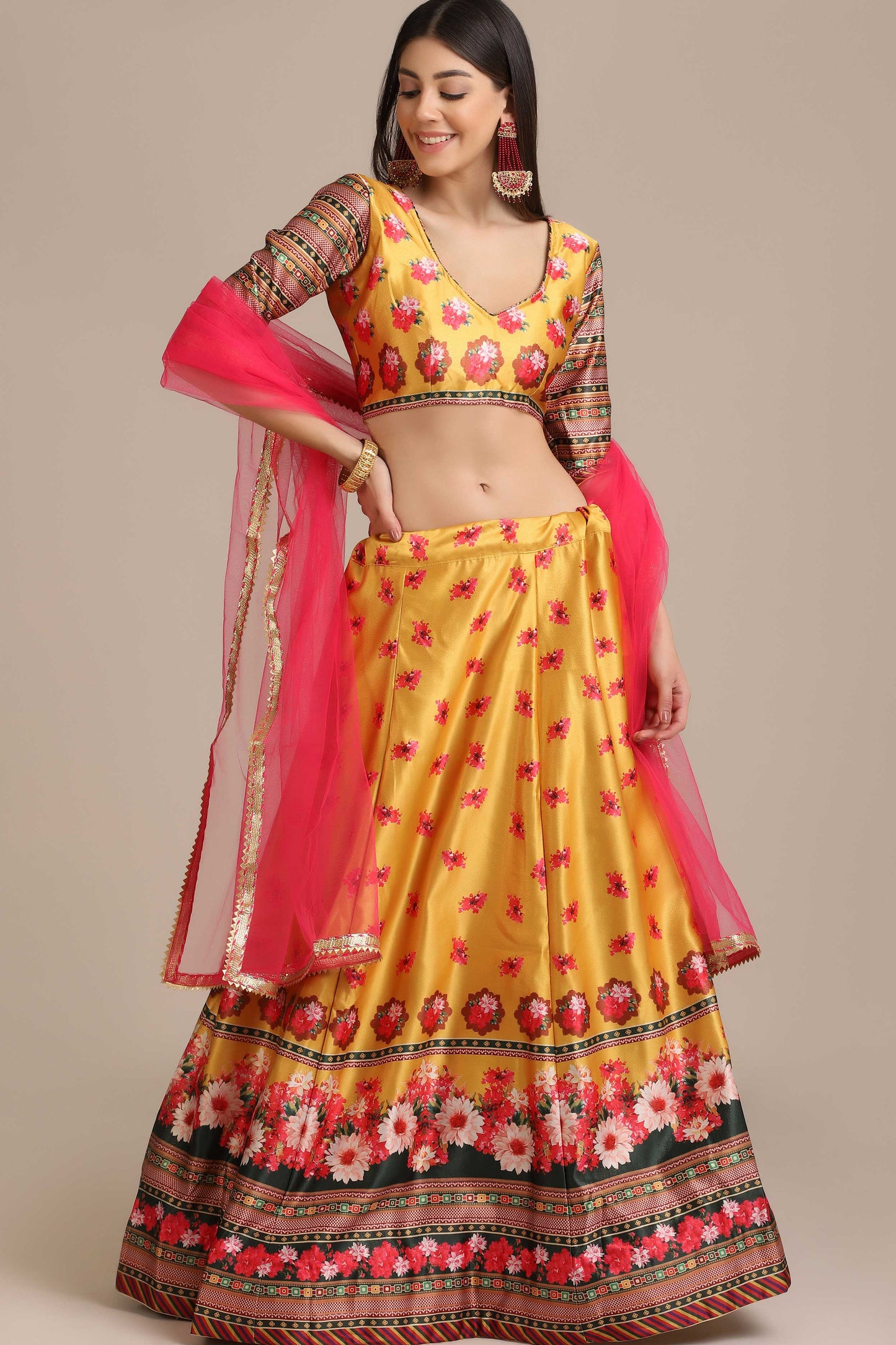 Yellow Flower Print Lehenga With Panelled Flare For Women