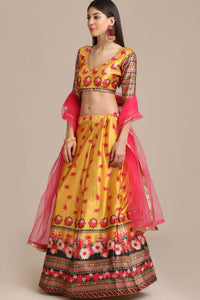 Yellow Flower Print Lehenga With Panelled Flare For Women