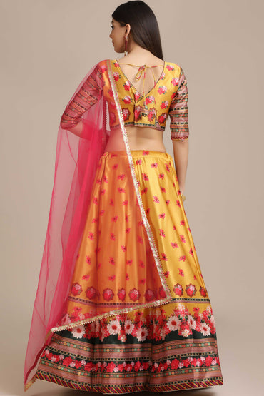 Yellow Flower Print Lehenga With Panelled Flare For Women