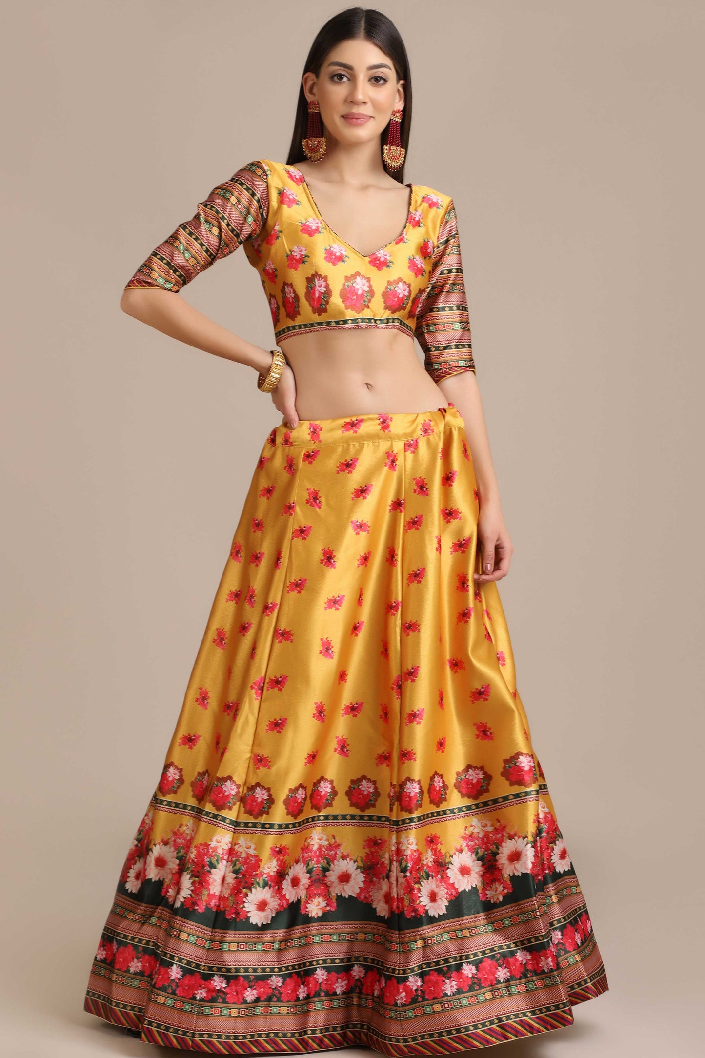 Yellow Flower Print Lehenga With Panelled Flare For Women