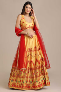 Yellow Digital Bird-Floral Printed Lehenga Choli with Net Dupatta