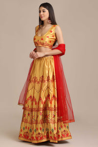 Yellow Digital Bird-Floral Printed Lehenga Choli with Net Dupatta