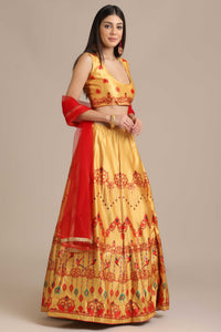 Yellow Digital Bird-Floral Printed Lehenga Choli with Net Dupatta