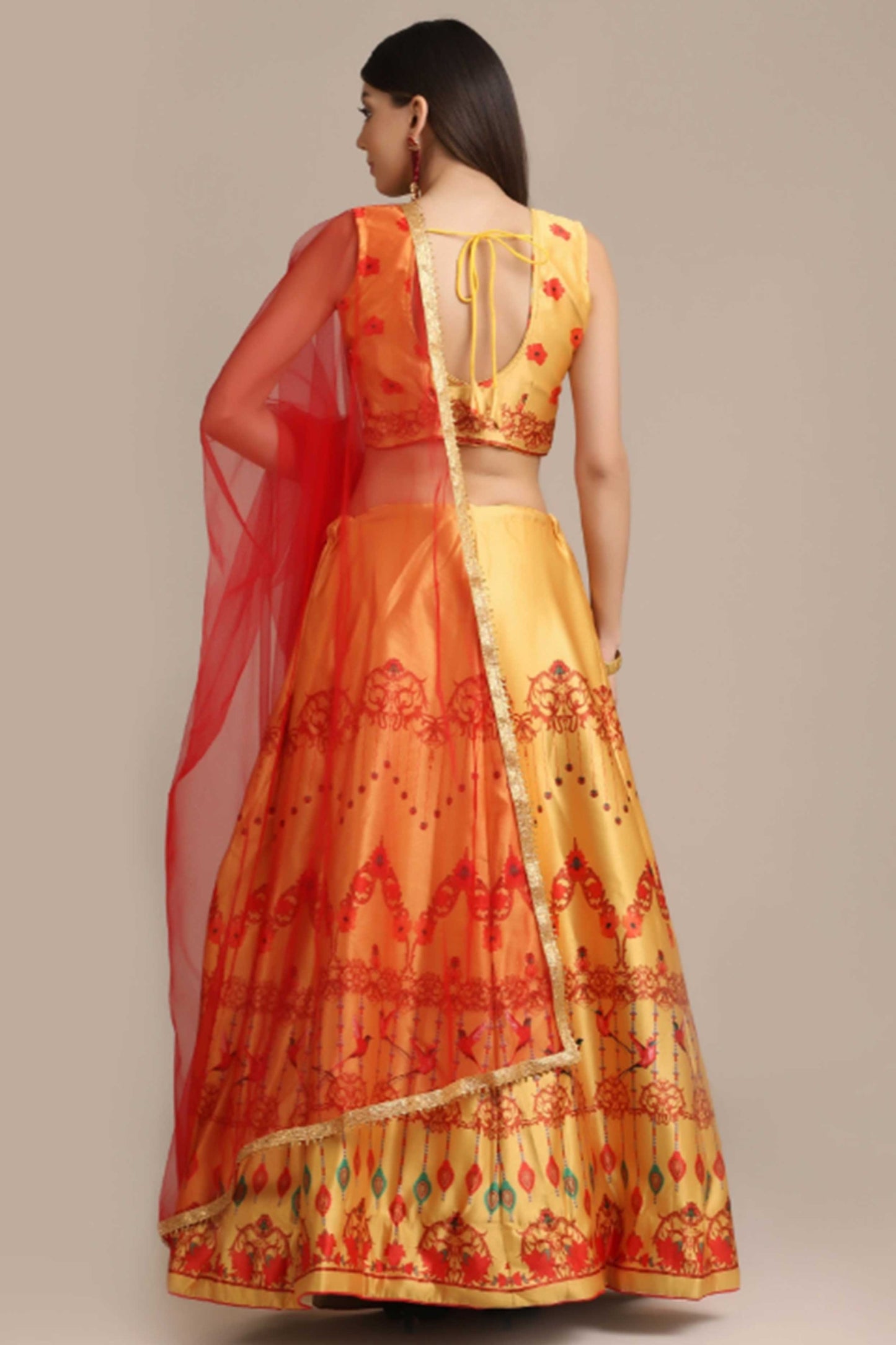 Yellow Digital Bird-Floral Printed Lehenga Choli with Net Dupatta