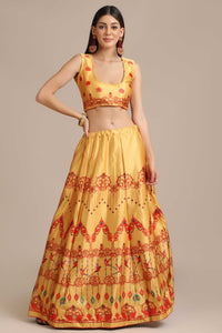 Yellow Digital Bird-Floral Printed Lehenga Choli with Net Dupatta