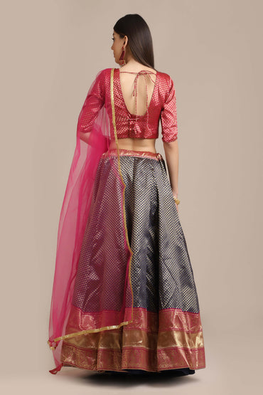 Jacquard Silk All-Over Golden Zari Woven Seamless Triangle Motif Blue Lehenga with Red Choli and Net Dupatta