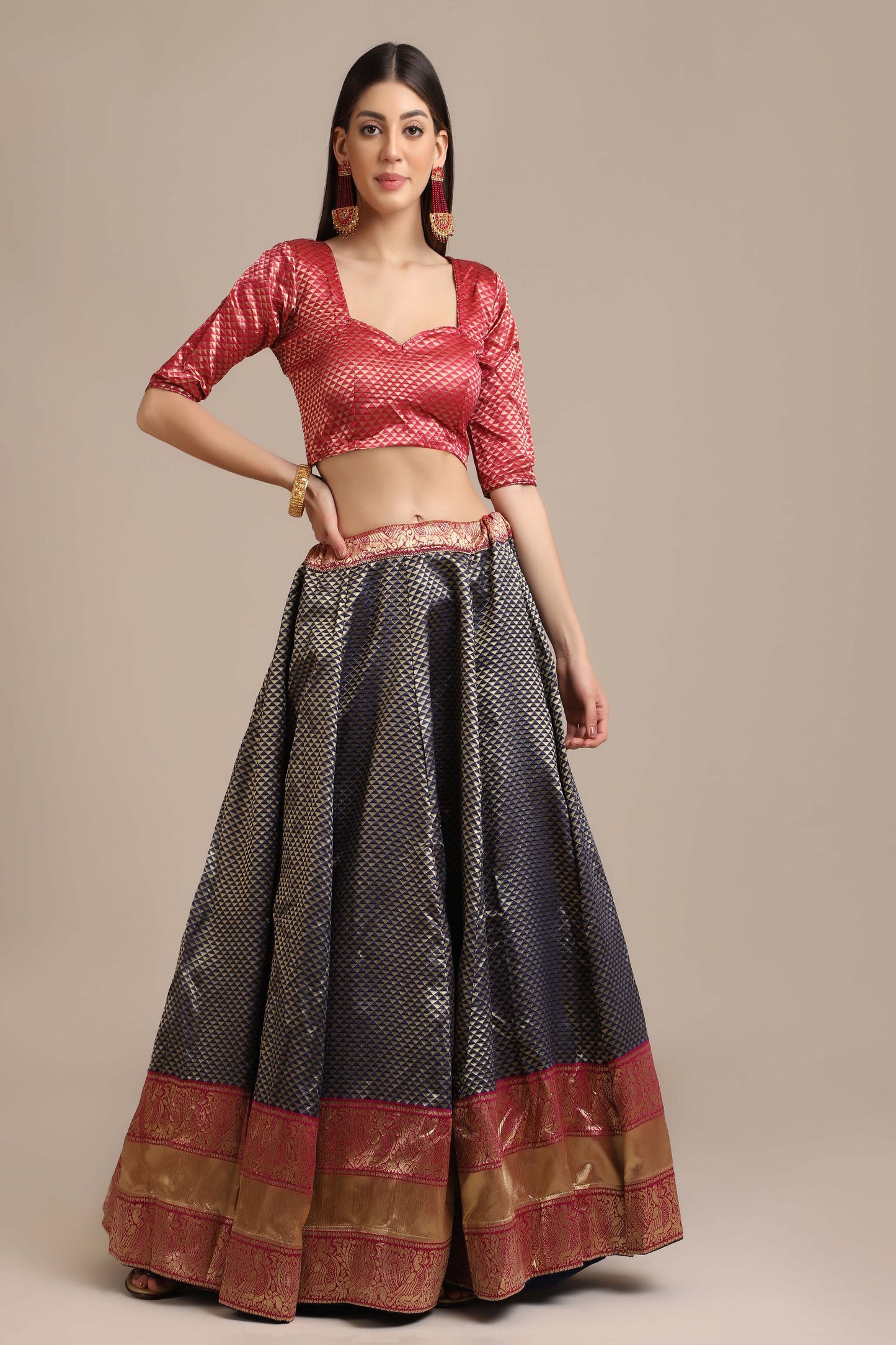 Jacquard Silk All-Over Golden Zari Woven Seamless Triangle Motif Blue Lehenga with Red Choli and Net Dupatta