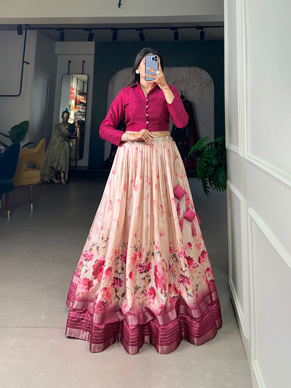Elegant Dola Silk Floral Print Lehenga Choli with Zari Border and Stitched Banglory Blouse – Perfect Blend of Tradition and Modern Style