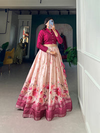 Elegant Dola Silk Floral Print Lehenga Choli with Zari Border and Stitched Banglory Blouse – Perfect Blend of Tradition and Modern Style