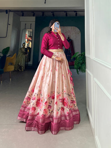 Elegant Dola Silk Floral Print Lehenga Choli with Zari Border and Stitched Banglory Blouse – Perfect Blend of Tradition and Modern Style