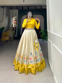 Elegant Dola Silk Floral Print Lehenga Choli with Zari Border and Stitched Banglory Blouse – Perfect Blend of Tradition and Modern Style
