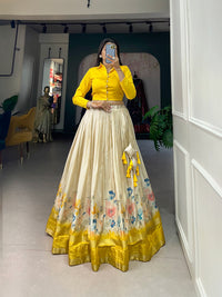 Elegant Dola Silk Floral Print Lehenga Choli with Zari Border and Stitched Banglory Blouse – Perfect Blend of Tradition and Modern Style