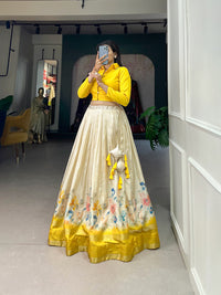 Elegant Dola Silk Floral Print Lehenga Choli with Zari Border and Stitched Banglory Blouse – Perfect Blend of Tradition and Modern Style