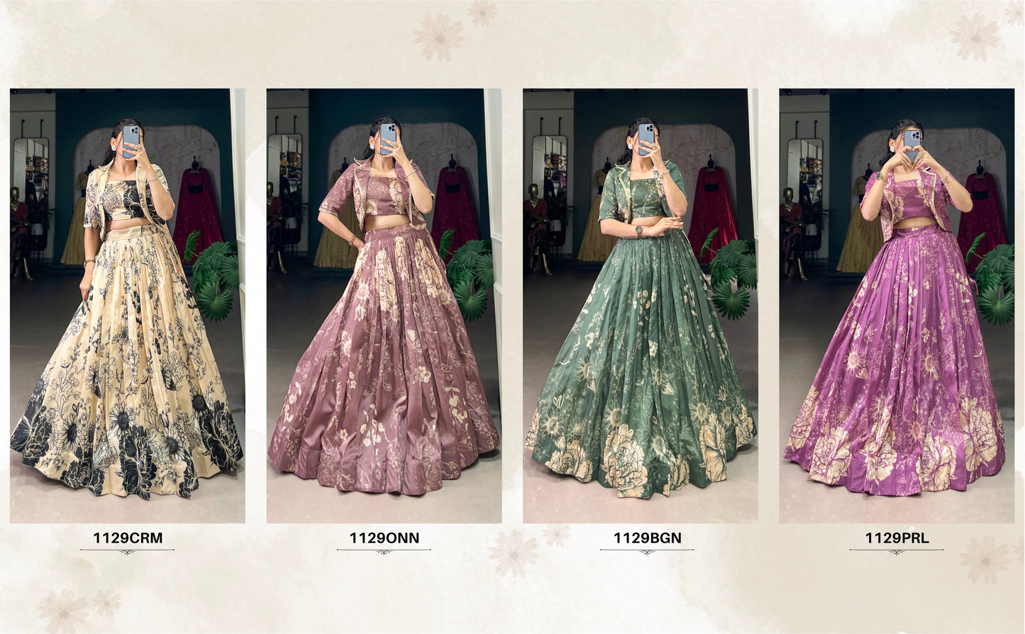 Blooming Grace in Tussar Silk – Floral Printed Lehenga Choli with Matching Koti for Festive Elegance