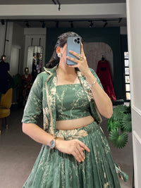 Blooming Grace in Tussar Silk – Floral Printed Lehenga Choli with Matching Koti for Festive Elegance