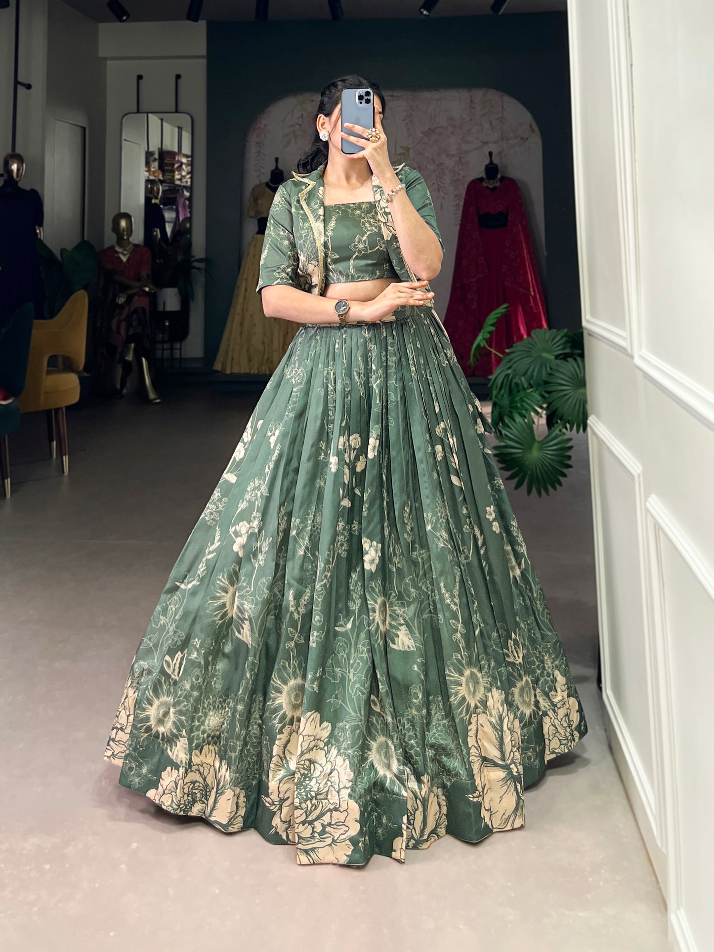 Blooming Grace in Tussar Silk – Floral Printed Lehenga Choli with Matching Koti for Festive Elegance