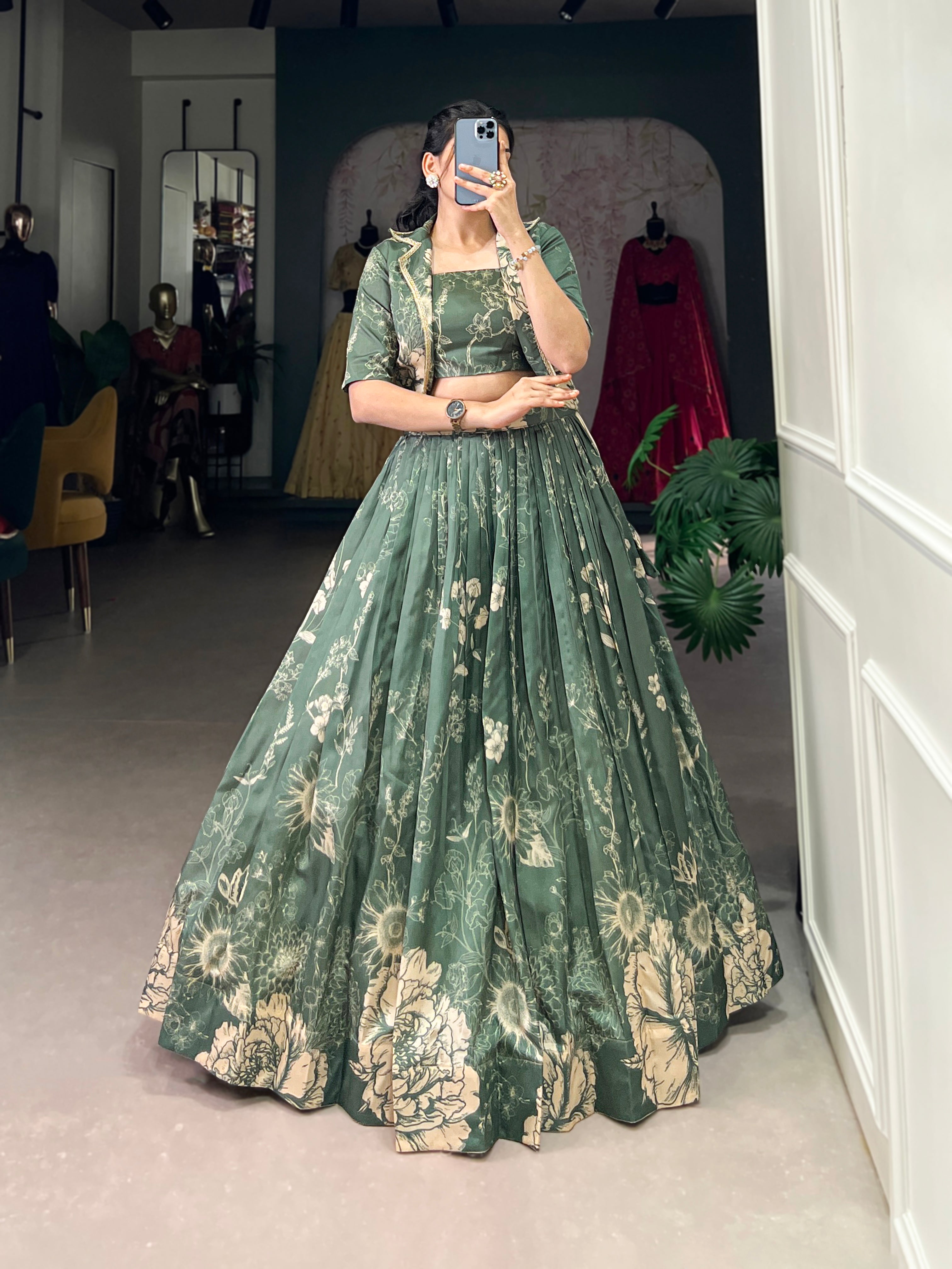 Blooming Grace in Tussar Silk – Floral Printed Lehenga Choli with Matching Koti for Festive Elegance