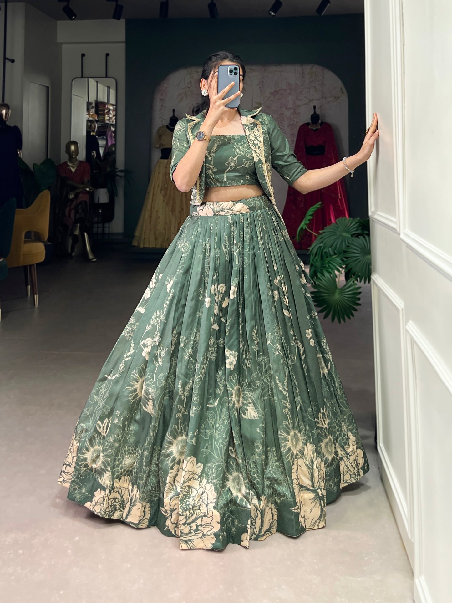 Blooming Grace in Tussar Silk – Floral Printed Lehenga Choli with Matching Koti for Festive Elegance
