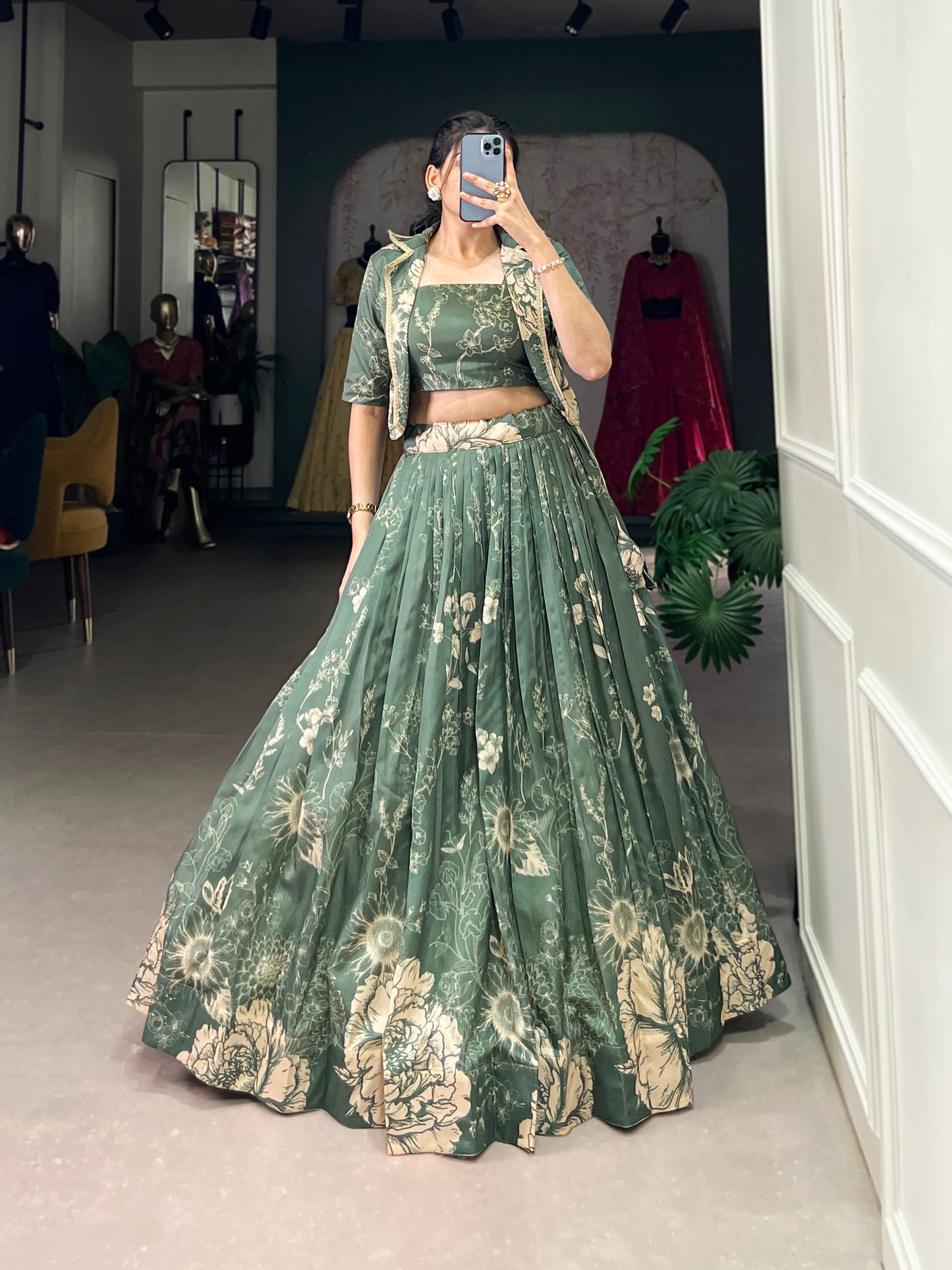 Blooming Grace in Tussar Silk – Floral Printed Lehenga Choli with Matching Koti for Festive Elegance