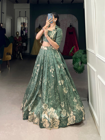 Blooming Grace in Tussar Silk – Floral Printed Lehenga Choli with Matching Koti for Festive Elegance