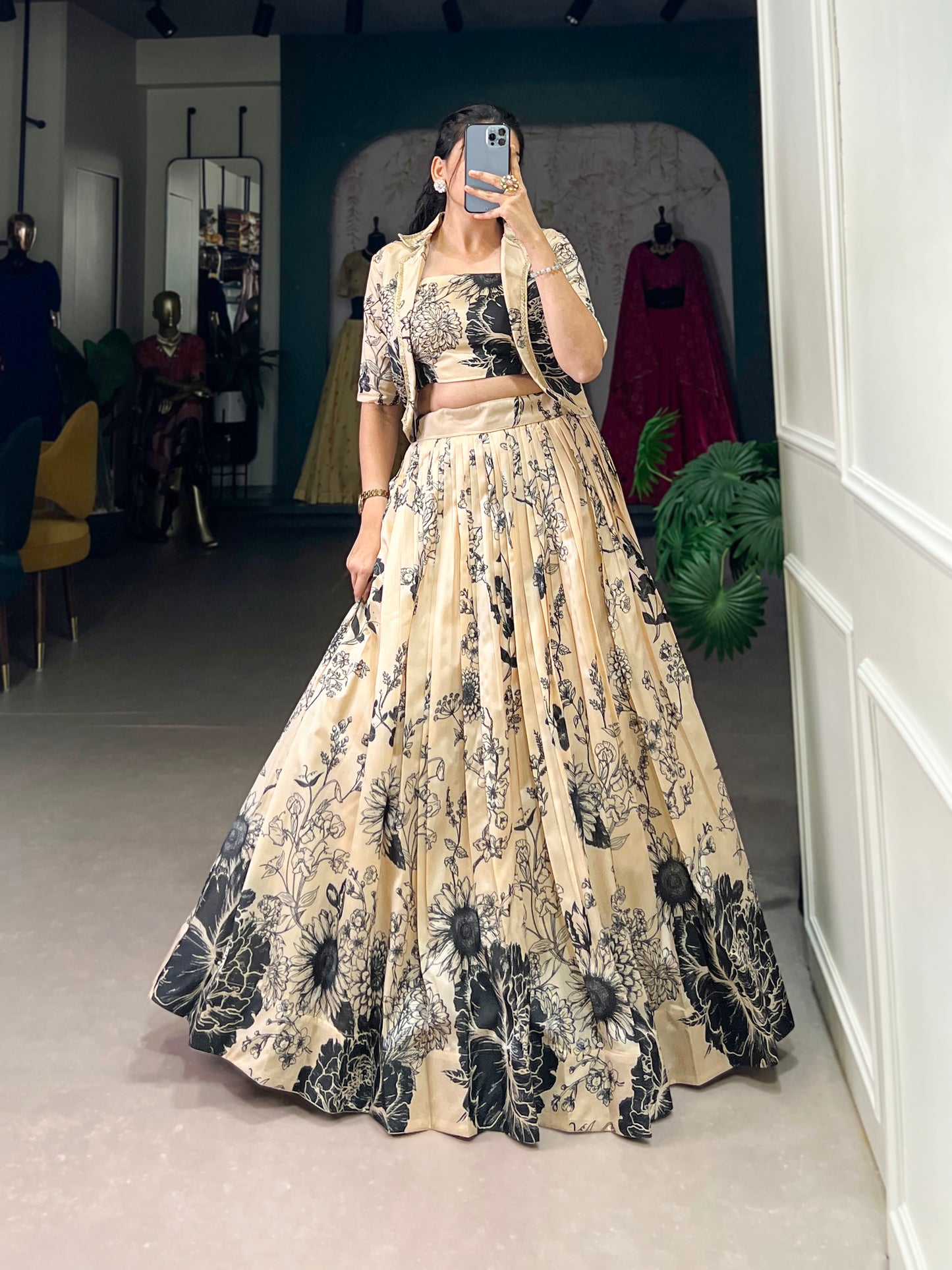 Blooming Grace in Tussar Silk – Floral Printed Lehenga Choli with Matching Koti for Festive Elegance