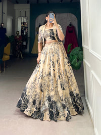 Blooming Grace in Tussar Silk – Floral Printed Lehenga Choli with Matching Koti for Festive Elegance